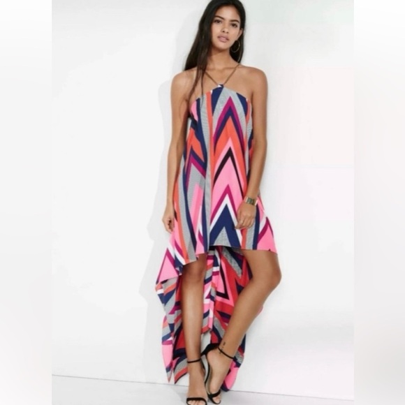 Asymmetrical halter low back Dress colour block high low hem - Picture 2 of 16